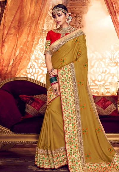 Mustard satin saree with blouse  1910